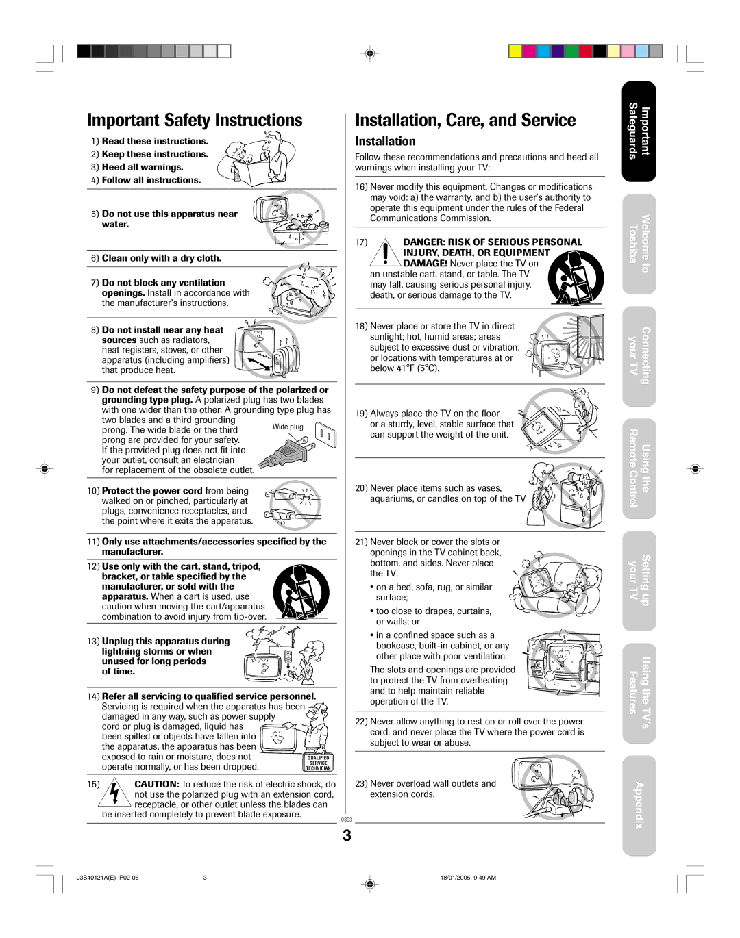 Toshiba 30HF85, 26HF85 appendix Important Safety Instructions 