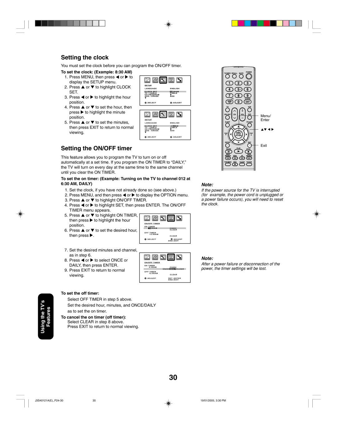 Toshiba 26HF85, 30HF85 appendix Setting the clock, Setting the ON/OFF timer 