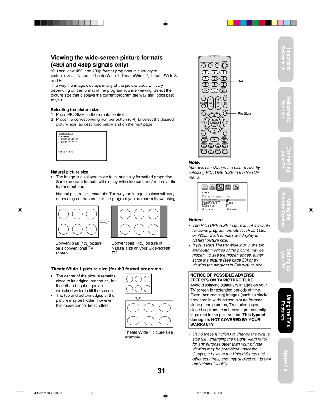 Toshiba 30HF85, 26HF85 appendix Selecting the picture size, Natural picture size 