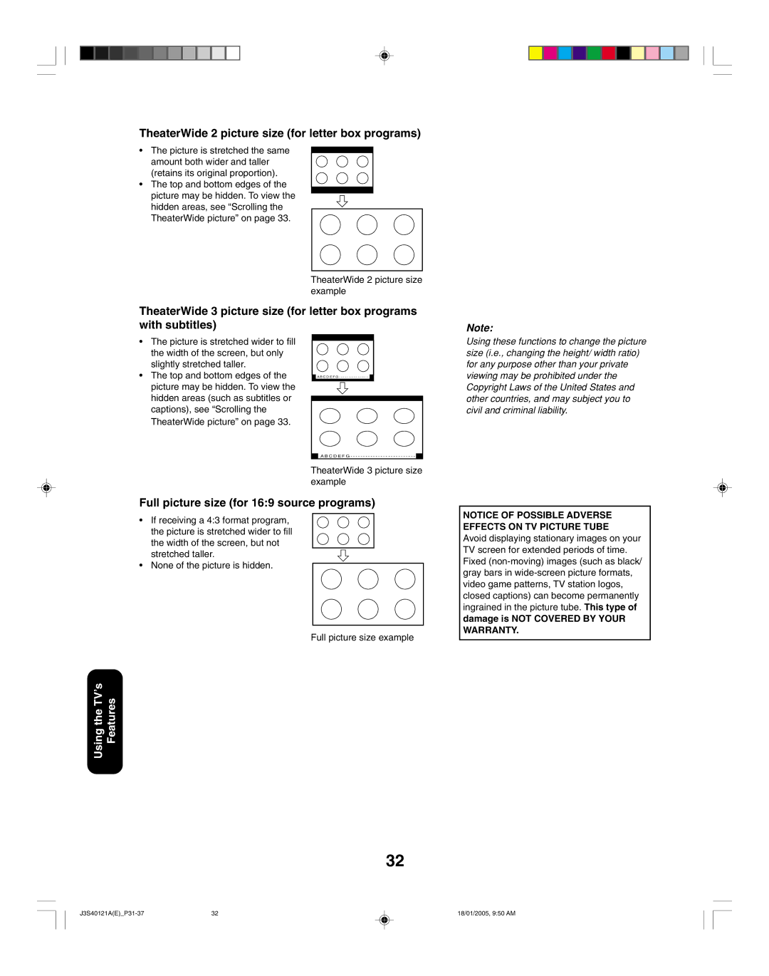 Toshiba 26HF85, 30HF85 TheaterWide 2 picture size for letter box programs, Full picture size for 169 source programs 