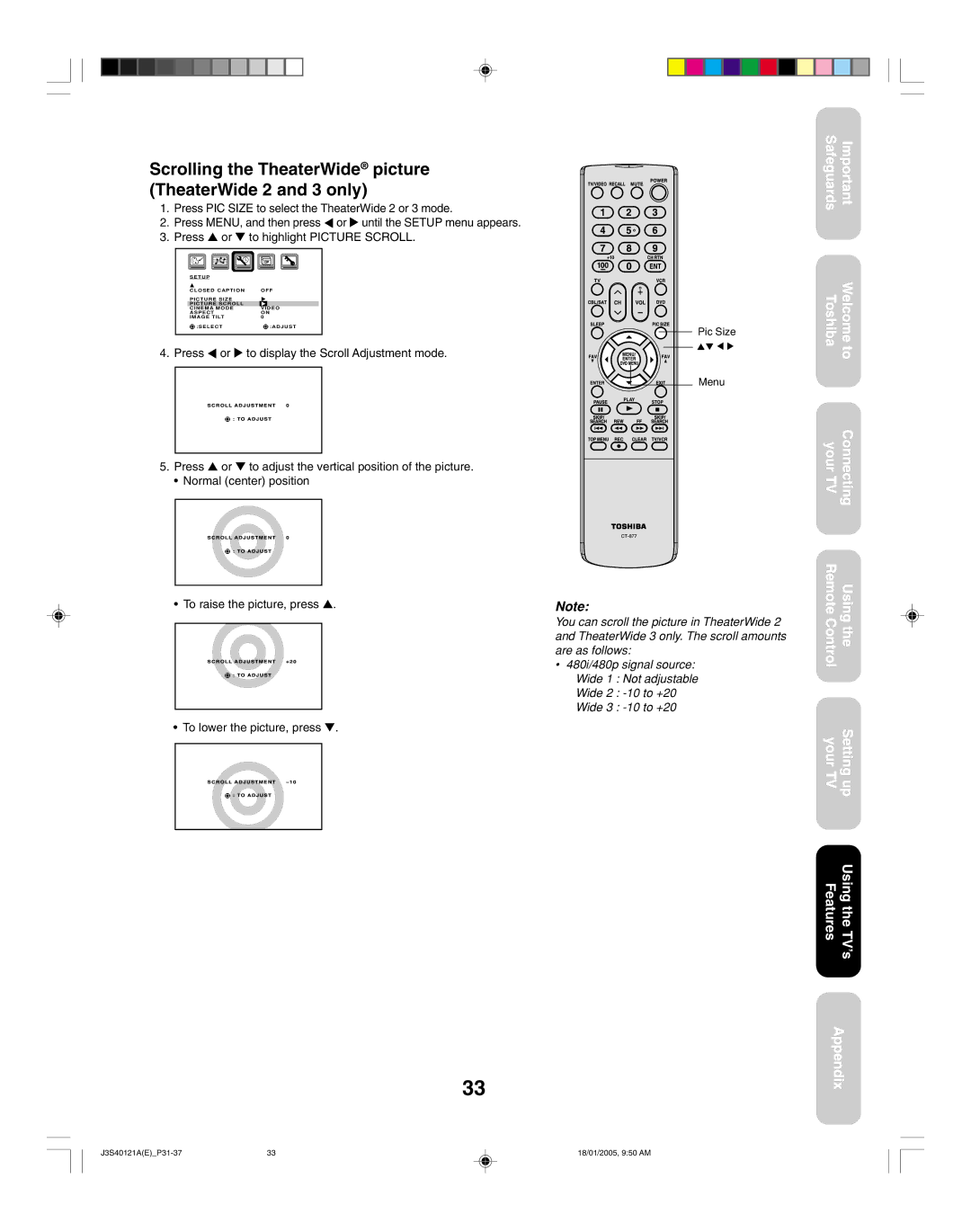 Toshiba 30HF85, 26HF85 appendix Scrolladjustmentto +20, Scrolling the TheaterWide picture TheaterWide 2 and 3 only 