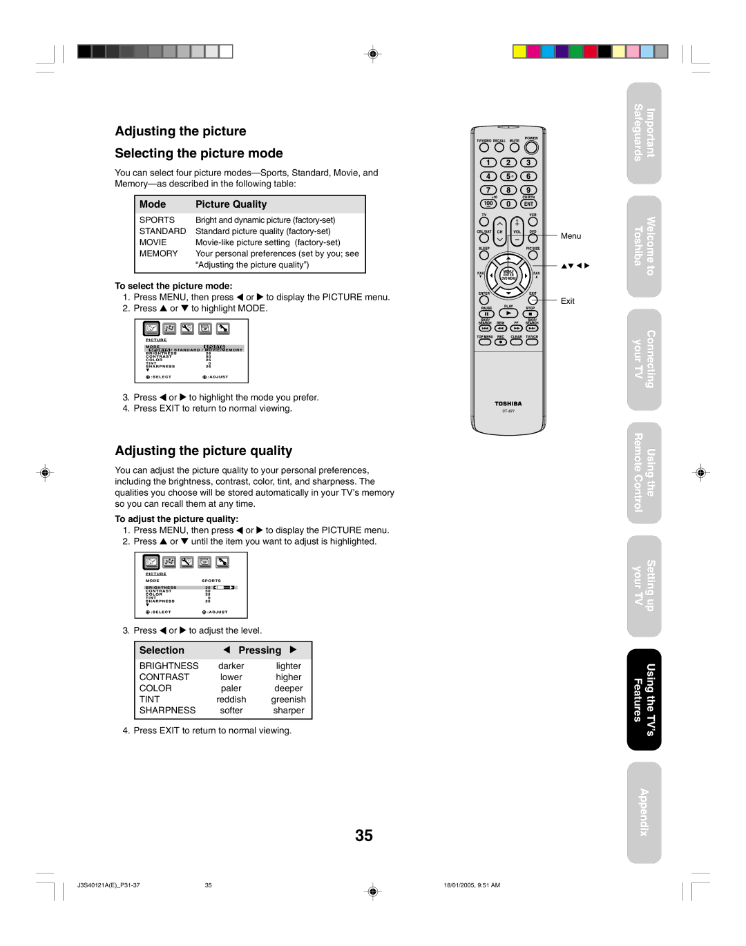 Toshiba 30HF85 Adjusting the picture Selecting the picture mode, Adjusting the picture quality, To select the picture mode 