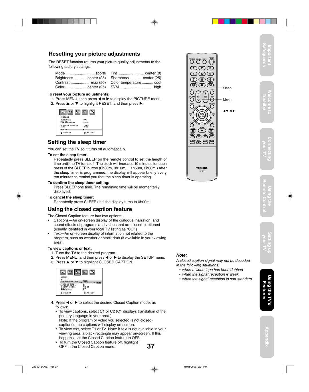 Toshiba 30HF85, 26HF85 Resetting your picture adjustments, Setting the sleep timer, Using the closed caption feature 