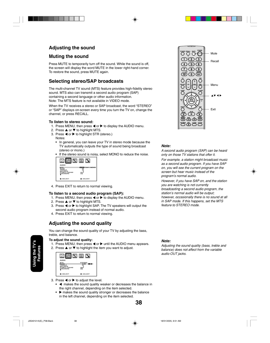 Toshiba 26HF85, 30HF85 Adjusting the sound Muting the sound, Selecting stereo/SAP broadcasts, Adjusting the sound quality 