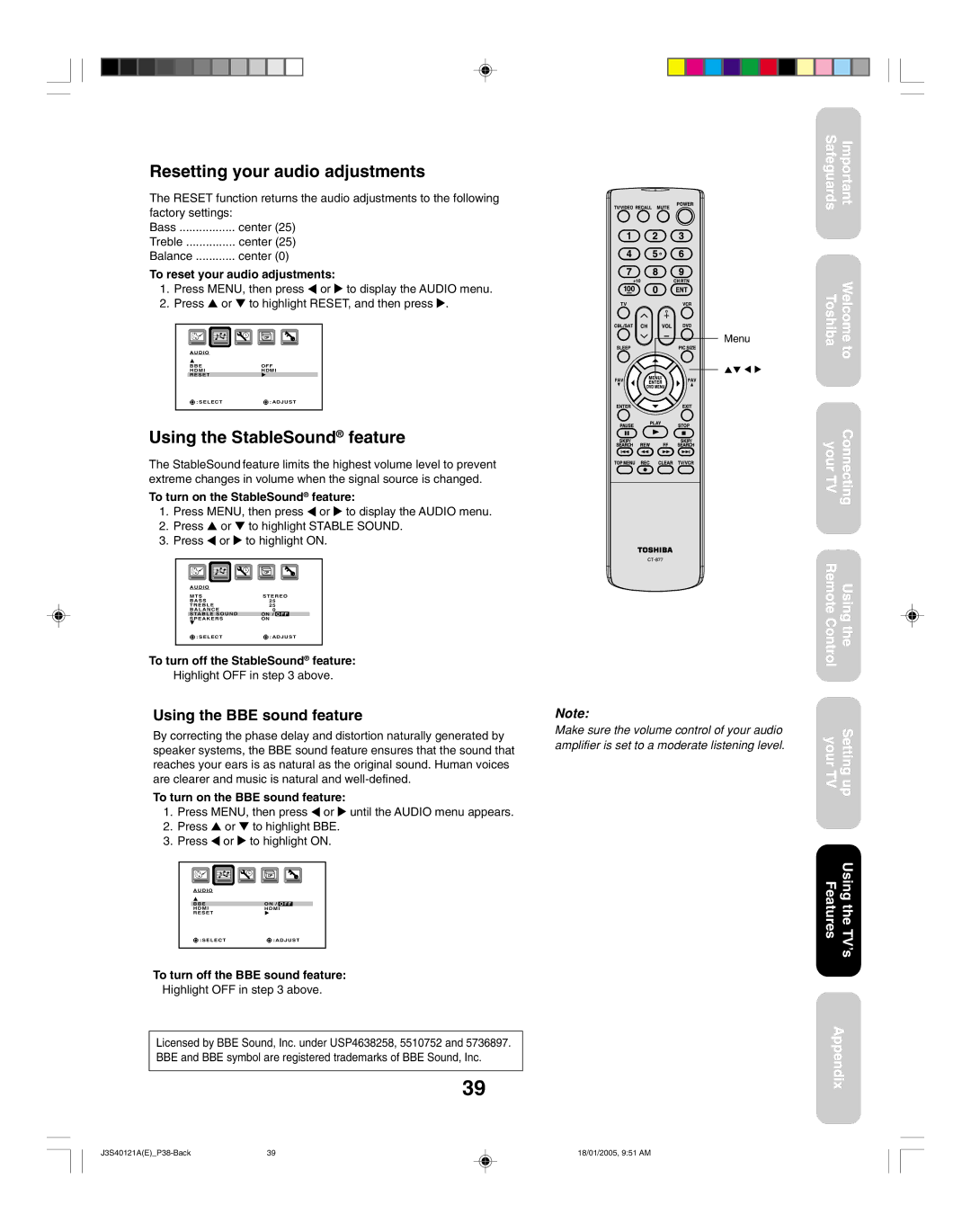 Toshiba 30HF85, 26HF85 appendix Resetting your audio adjustments, Using the StableSound feature, Using the BBE sound feature 