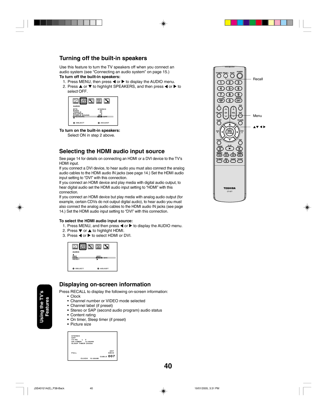 Toshiba 26HF85 Turning off the built-in speakers, Selecting the Hdmi audio input source, Displaying on-screen information 