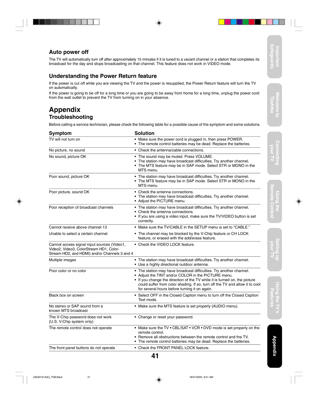 Toshiba 30HF85, 26HF85 Appendix, Auto power off, Understanding the Power Return feature, Troubleshooting, Symptom Solution 