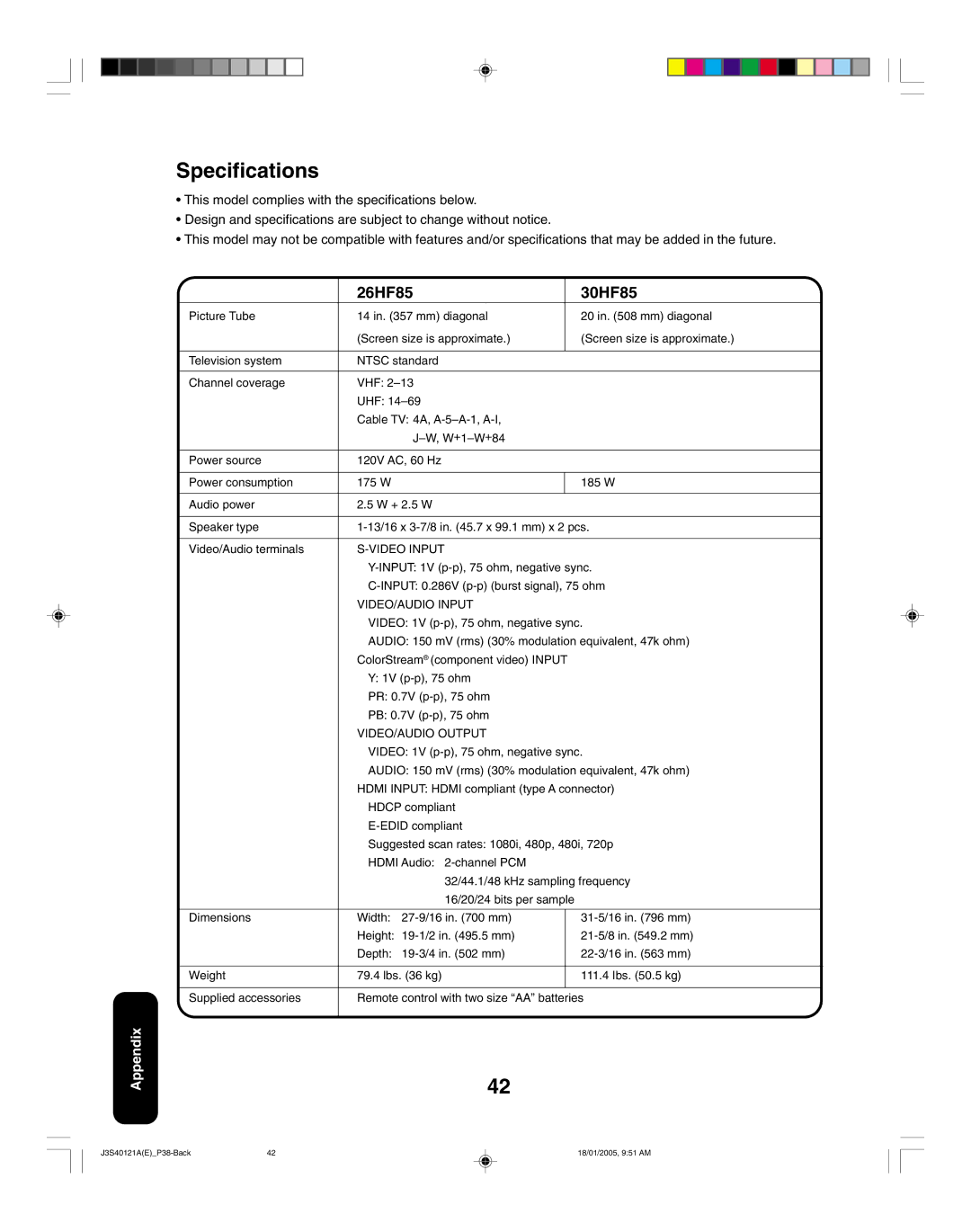 Toshiba 26HF85, 30HF85 appendix Specifications, Video Input, VIDEO/AUDIO Input, VIDEO/AUDIO Output 