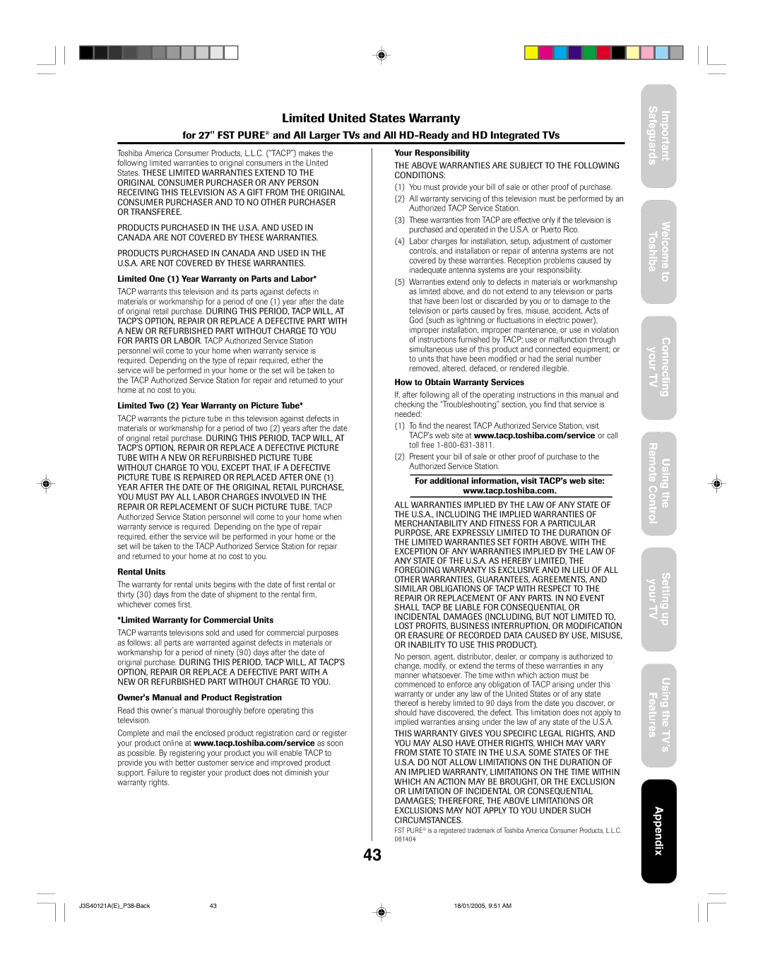 Toshiba 30HF85, 26HF85 appendix Limited United States Warranty 