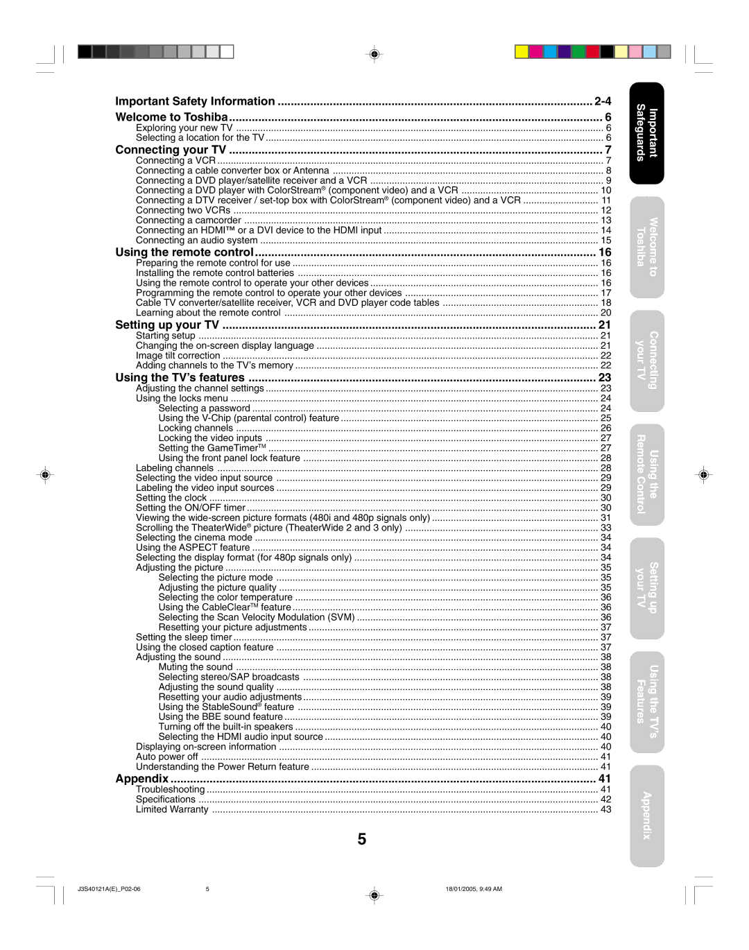 Toshiba 30HF85 Important Safety Information Welcome to Toshiba, Connecting your TV, Using the remote control, Appendix 