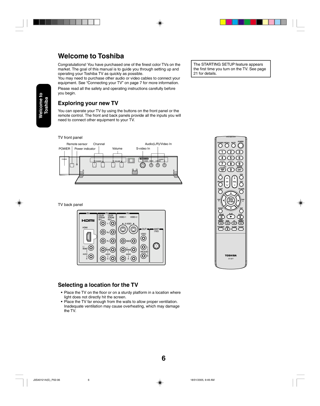 Toshiba 26HF85, 30HF85 appendix Welcome to Toshiba, Exploring your new TV, Selecting a location for the TV 