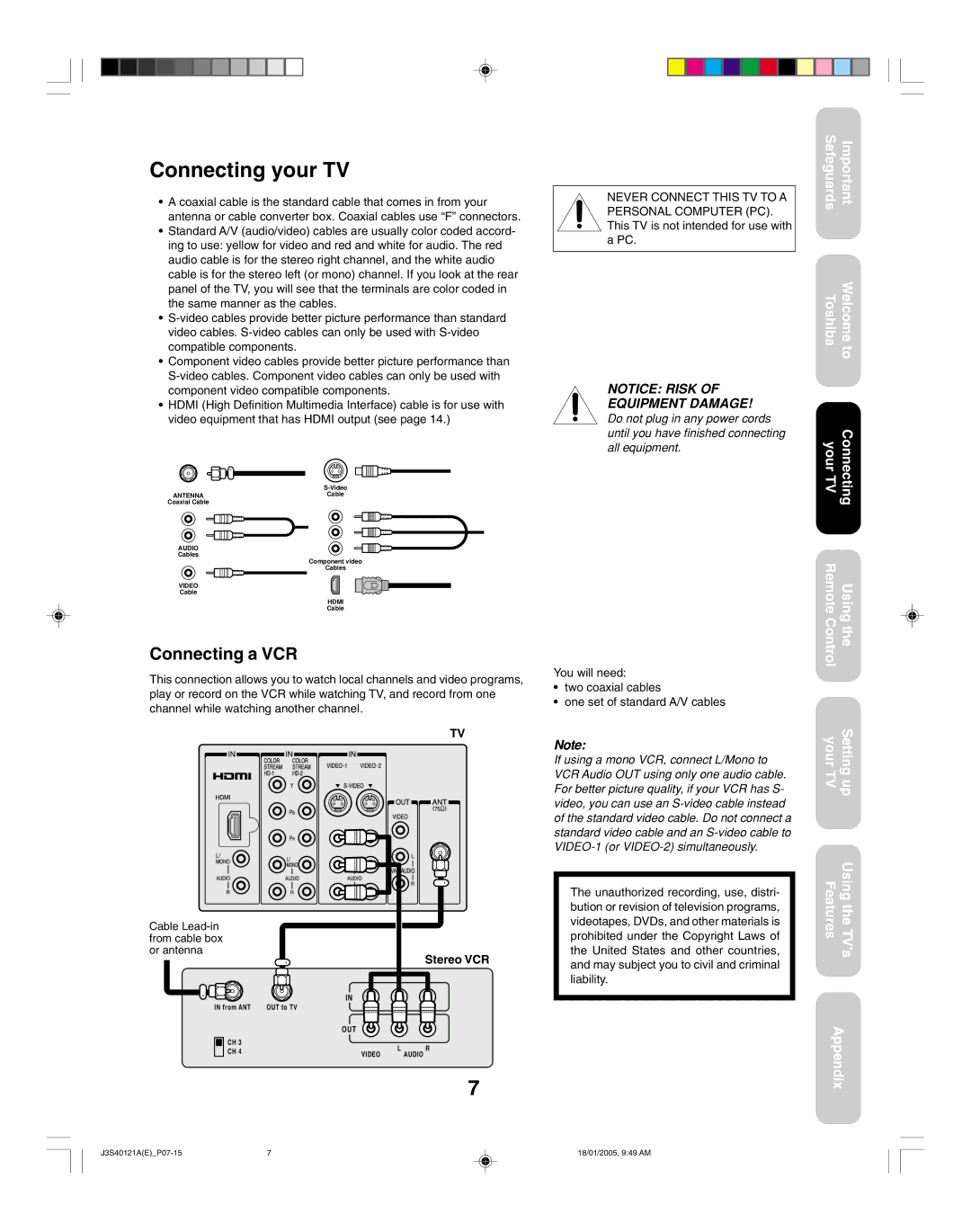 Toshiba 30HF85, 26HF85 appendix Connecting your TV, Connecting a VCR, Stereo VCR 