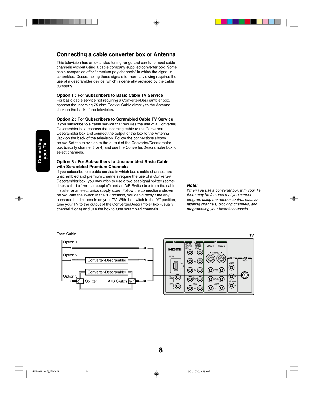 Toshiba 26HF85, 30HF85 Connecting a cable converter box or Antenna, Option 1 For Subscribers to Basic Cable TV Service 