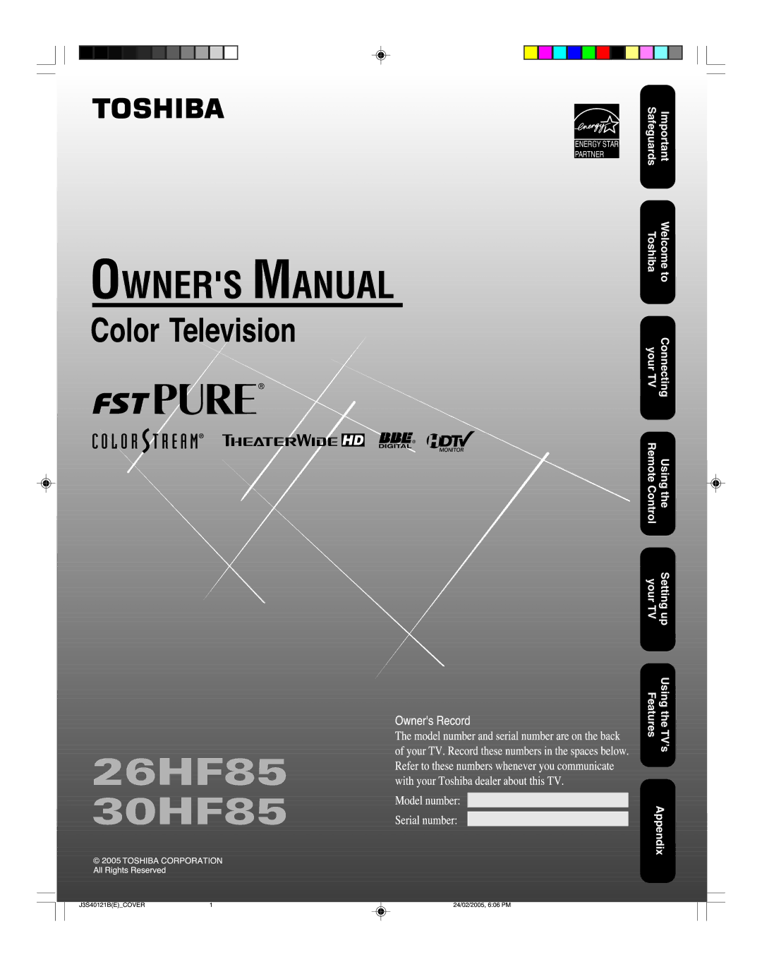 Toshiba appendix 26HF85 30HF85 