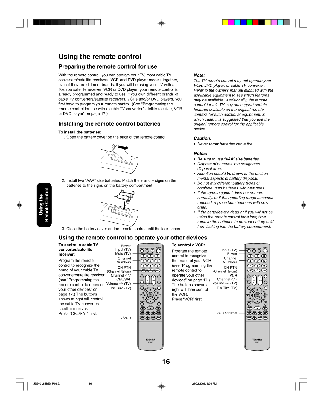 Toshiba 26HF85 Using the remote control, Preparing the remote control for use, Installing the remote control batteries 