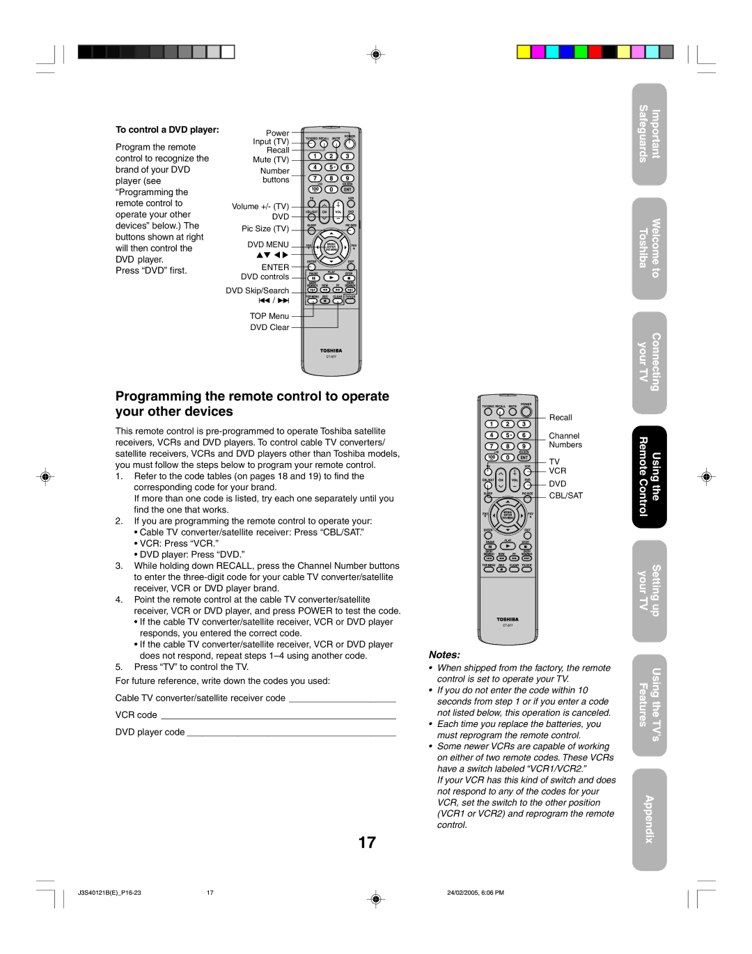 Toshiba 26HF85 appendix Programming the remote control to operate your other devices, To control a DVD player 