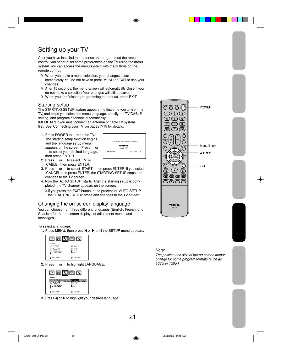 Toshiba 26HF85 appendix Setting up your TV, Starting setup, Changing the on-screen display language 