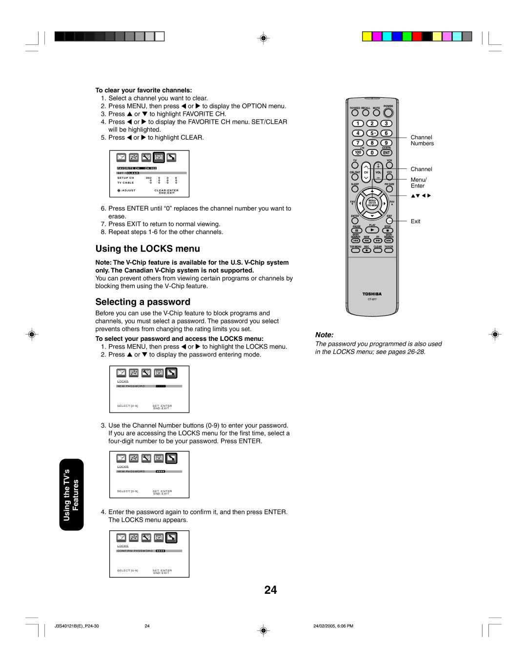 Toshiba 26HF85 appendix Using the Locks menu, Selecting a password, To clear your favorite channels 