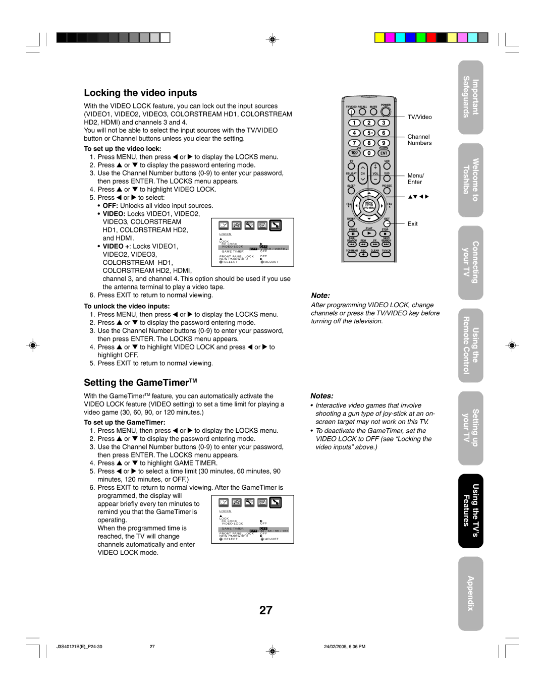 Toshiba 26HF85 Locking the video inputs, Setting the GameTimerTM, To set up the video lock, To unlock the video inputs 