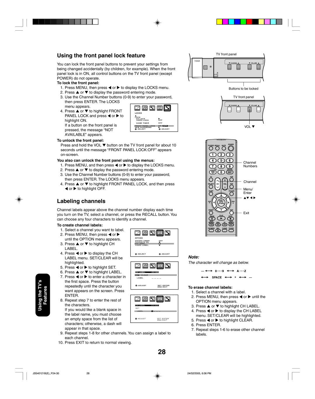 Toshiba 26HF85 appendix Using the front panel lock feature, Labeling channels 