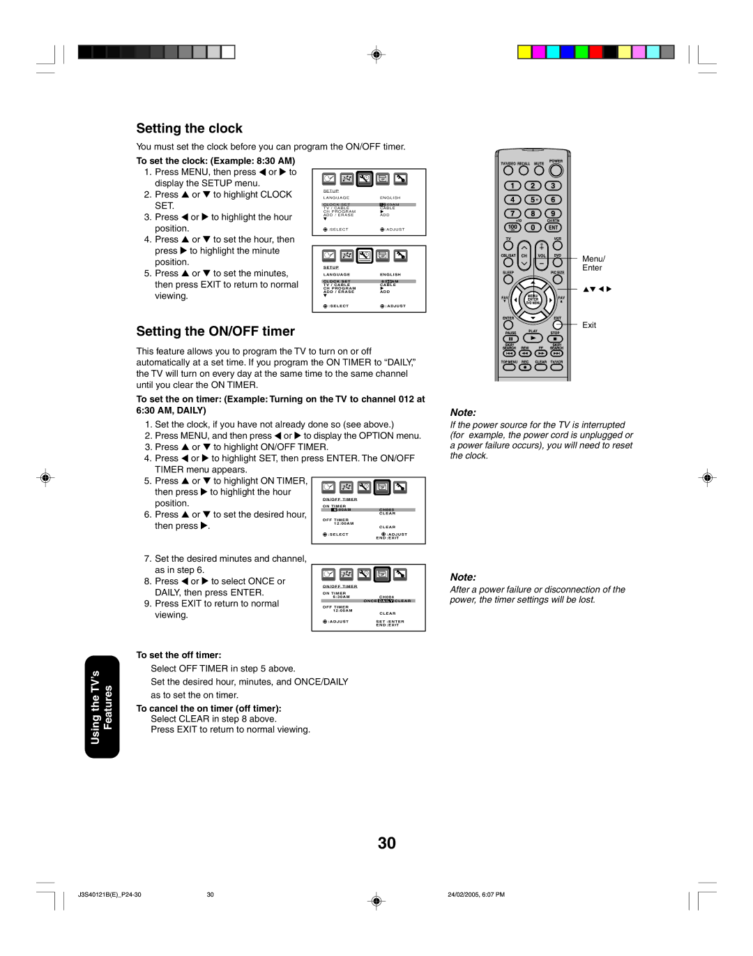 Toshiba 26HF85 appendix Setting the clock, Setting the ON/OFF timer 