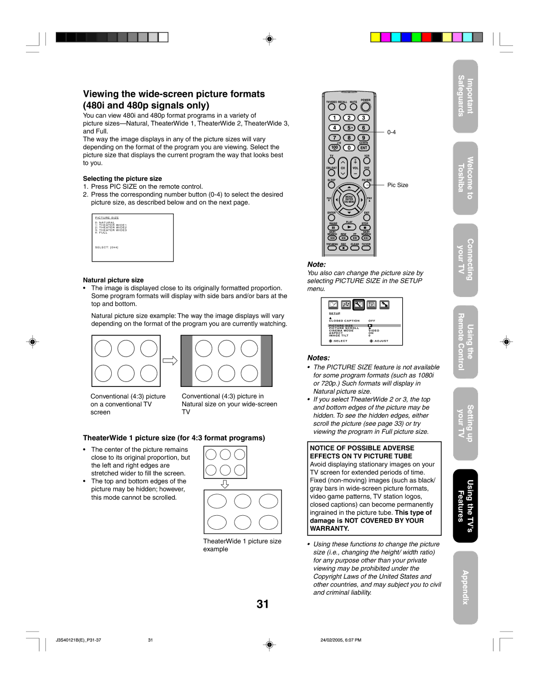 Toshiba 26HF85 appendix Selecting the picture size, Natural picture size 