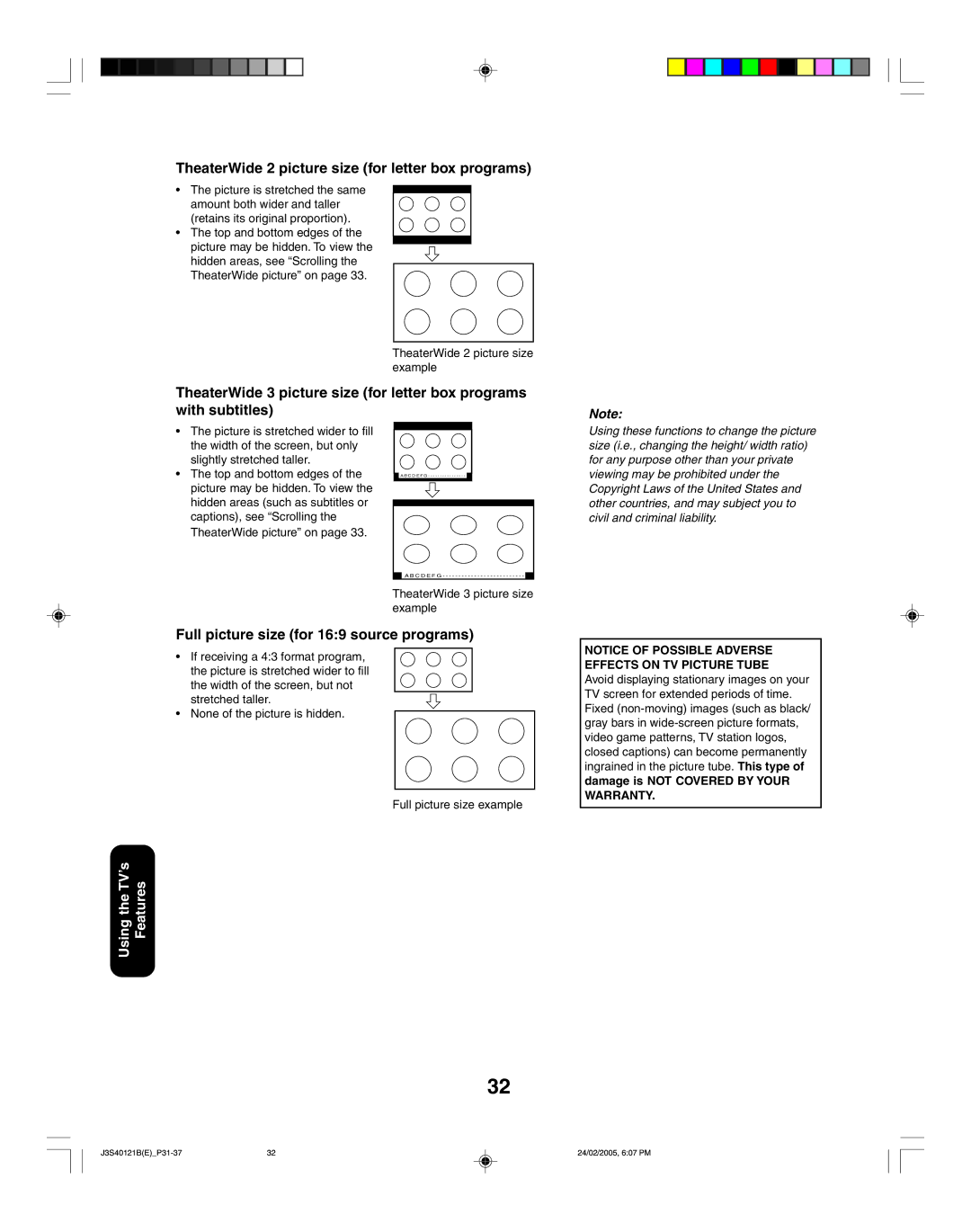 Toshiba 26HF85 appendix TheaterWide 2 picture size for letter box programs, Full picture size for 169 source programs 