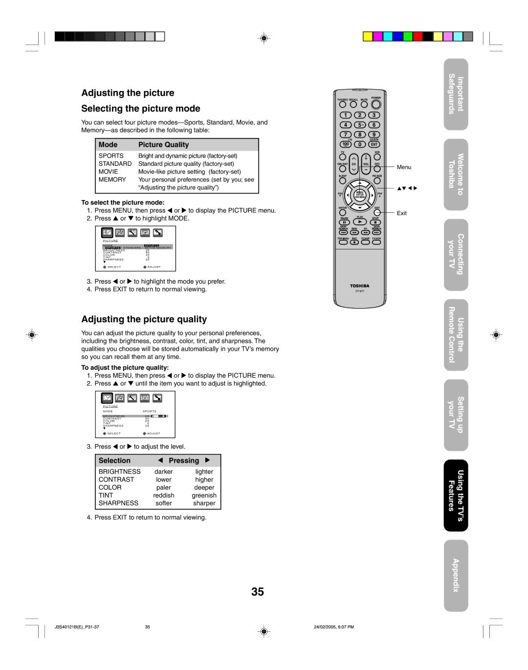 Toshiba 26HF85 Adjusting the picture Selecting the picture mode, Adjusting the picture quality, To select the picture mode 