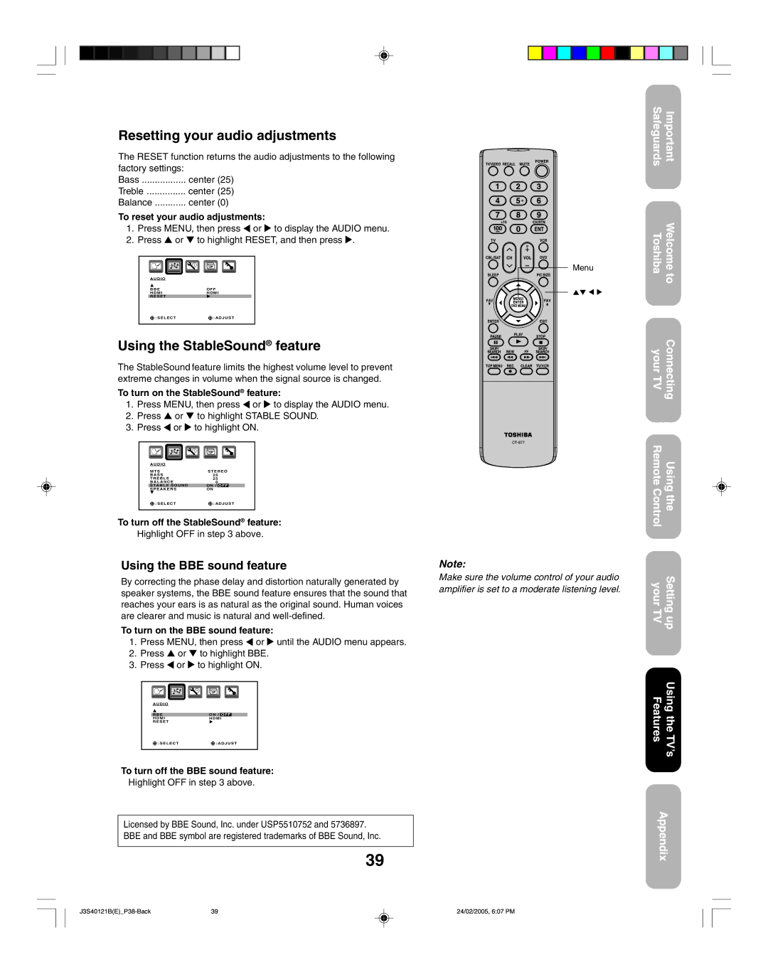 Toshiba 26HF85 appendix Resetting your audio adjustments, Using the StableSound feature, Using the BBE sound feature 