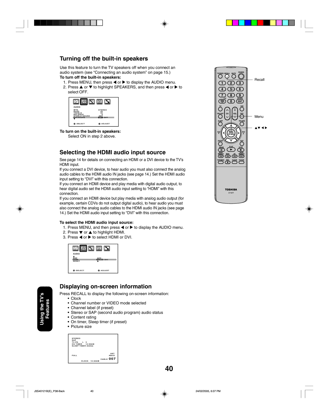 Toshiba 26HF85 Turning off the built-in speakers, Selecting the Hdmi audio input source, Displaying on-screen information 