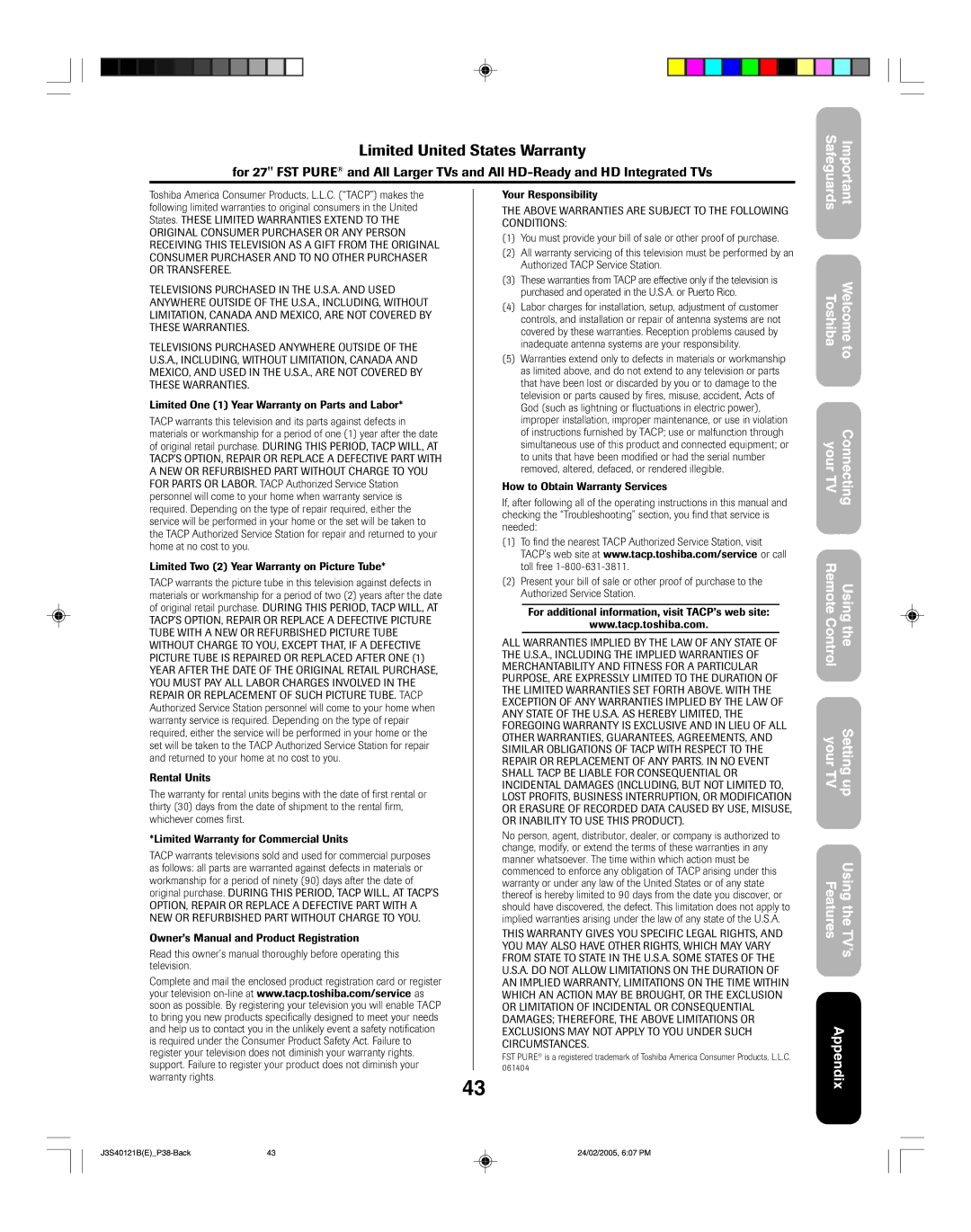 Toshiba 26HF85 appendix Limited United States Warranty 