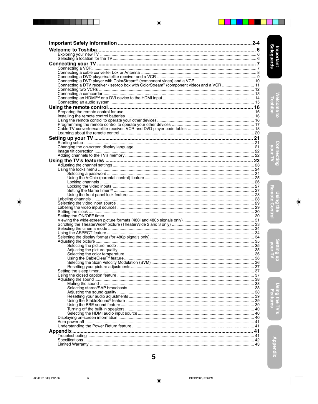 Toshiba 26HF85 Important Safety Information Welcome to Toshiba, Connecting your TV, Using the remote control, Appendix 