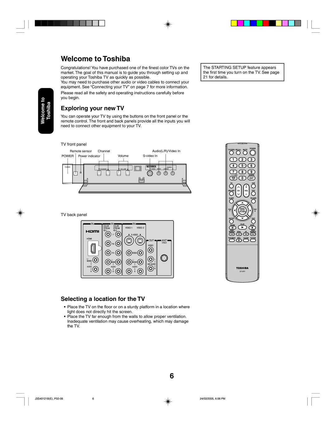 Toshiba 26HF85 appendix Welcome to Toshiba, Exploring your new TV, Selecting a location for the TV 