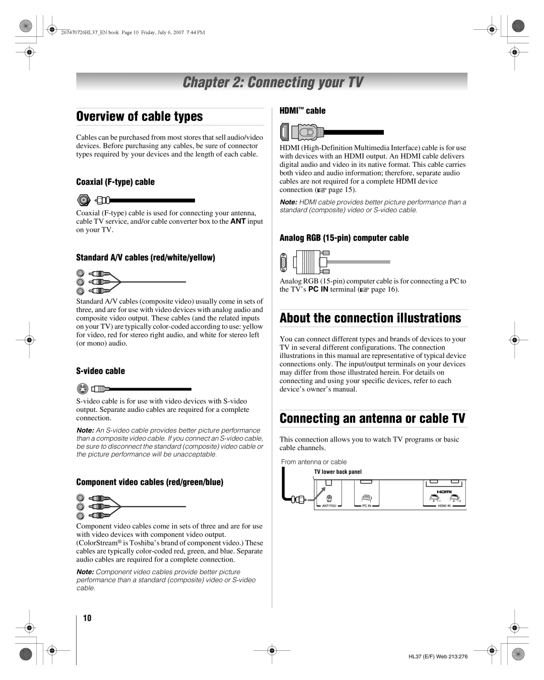 Toshiba 26HL37 manual Connecting your TV, Overview of cable types 