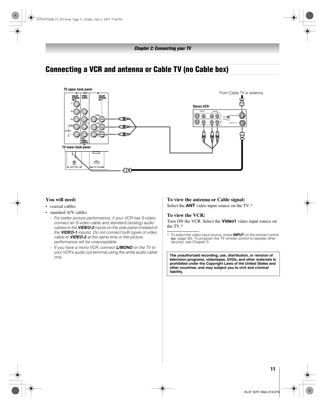 Toshiba 26HL37 Connecting a VCR and antenna or Cable TV no Cable box, You will need, To view the antenna or Cable signal 