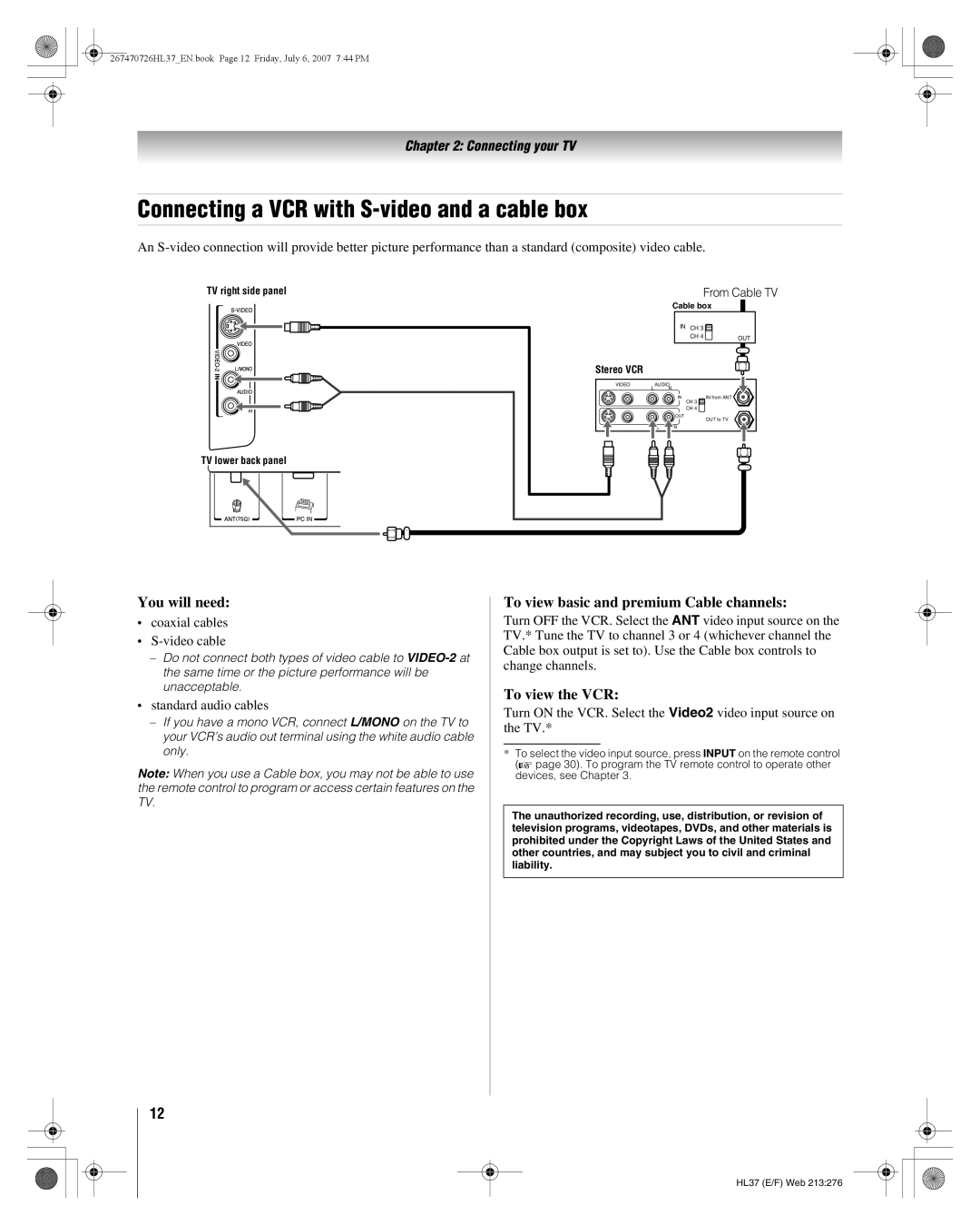 Toshiba 26HL37 manual Connecting a VCR with S-video and a cable box, To view basic and premium Cable channels 