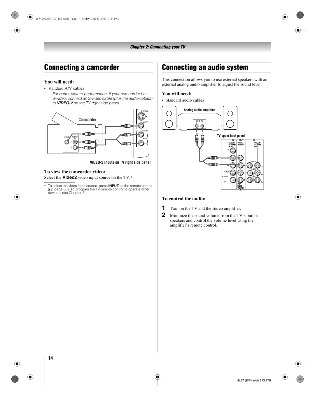 Toshiba 26HL37 manual Connecting a camcorder, Connecting an audio system, To view the camcorder video, To control the audio 