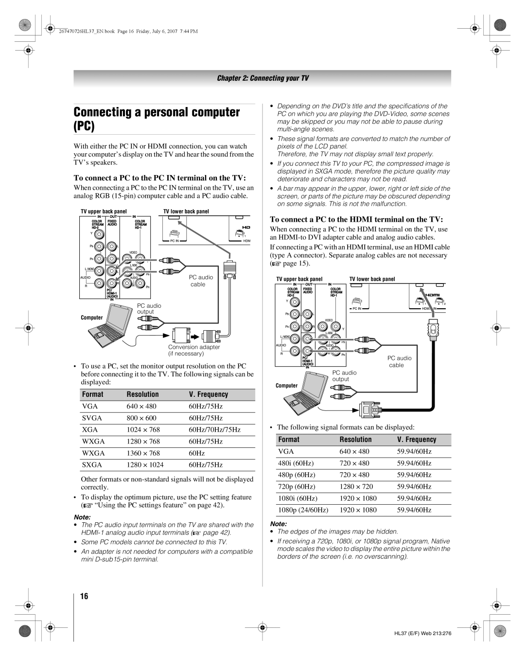 Toshiba 26HL37 manual Connecting a personal computer PC, To connect a PC to the PC in terminal on the TV 