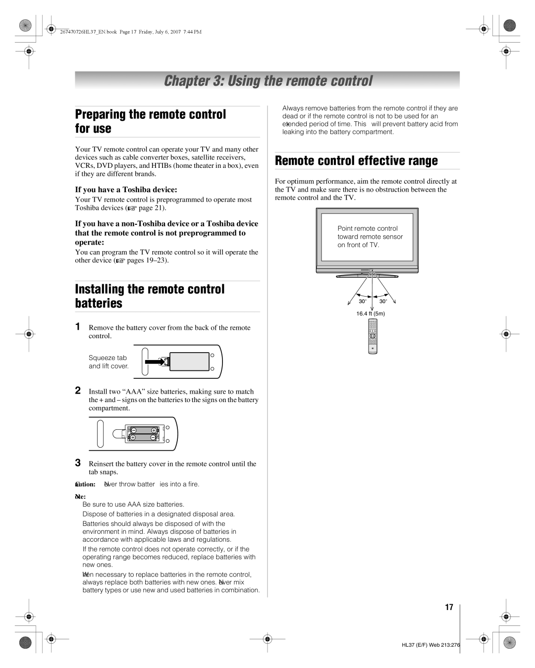 Toshiba 26HL37 Using the remote control, Preparing the remote control for use, Installing the remote control batteries 