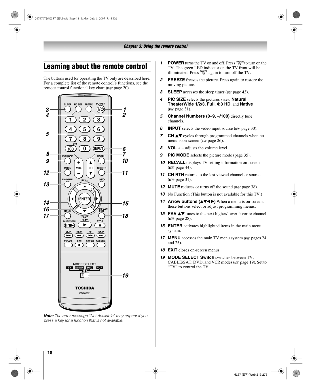 Toshiba 26HL37 manual Learning about the remote control, TheaterWide 1/2/3, Full, 43 HD, and Native 