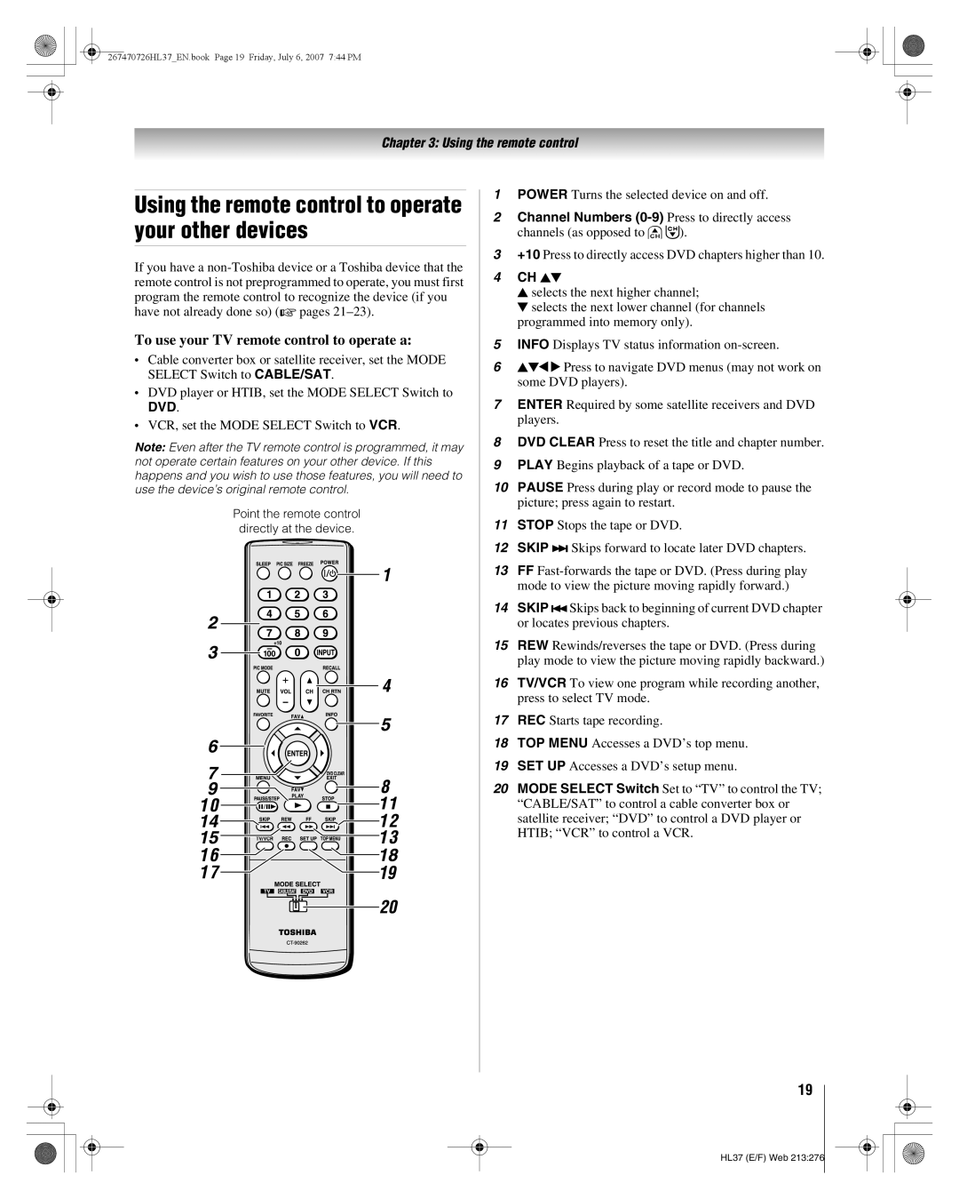 Toshiba 26HL37 Using the remote control to operate your other devices, To use your TV remote control to operate a, CH Bb 