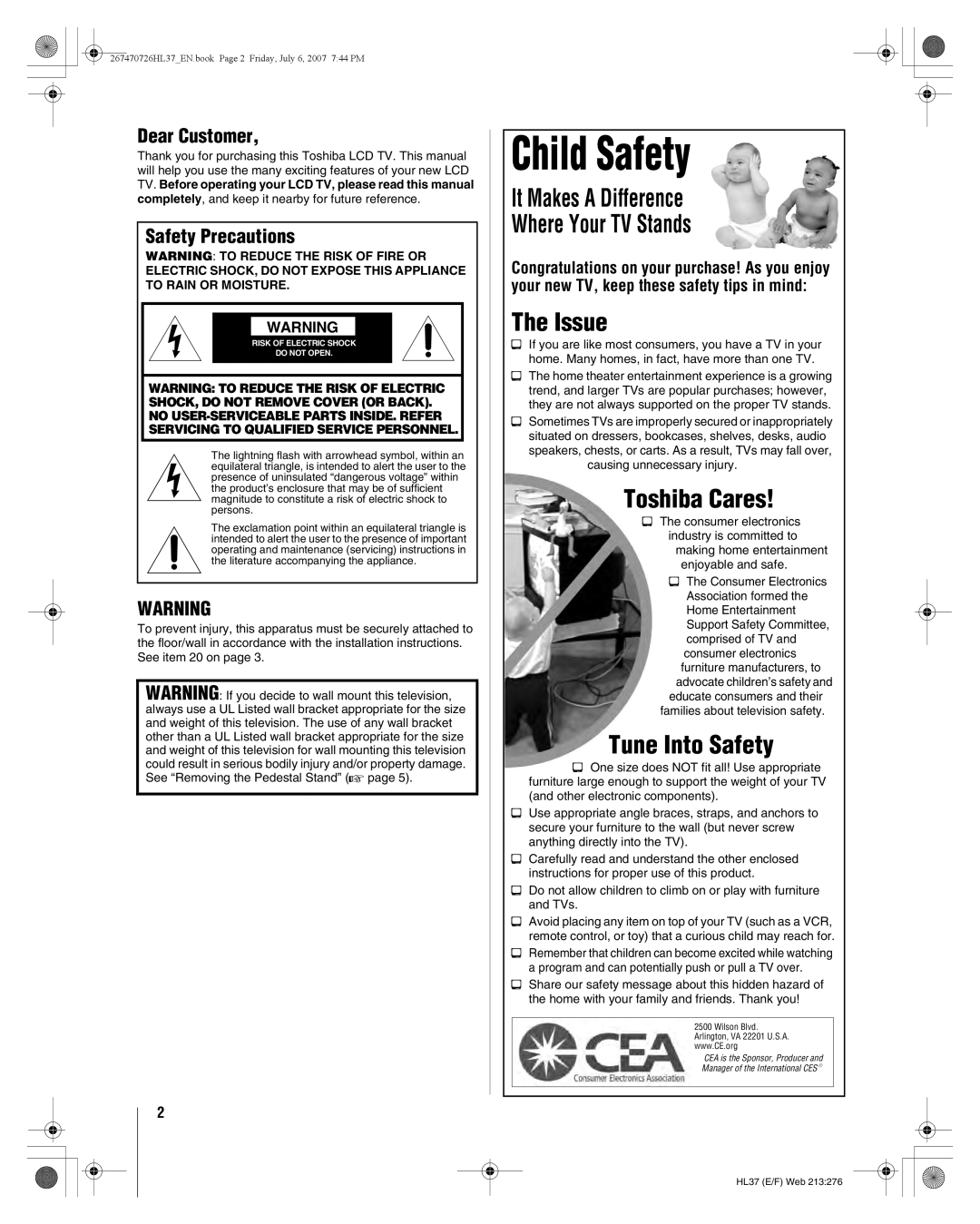 Toshiba 26HL37 manual Dear Customer, Safety Precautions 