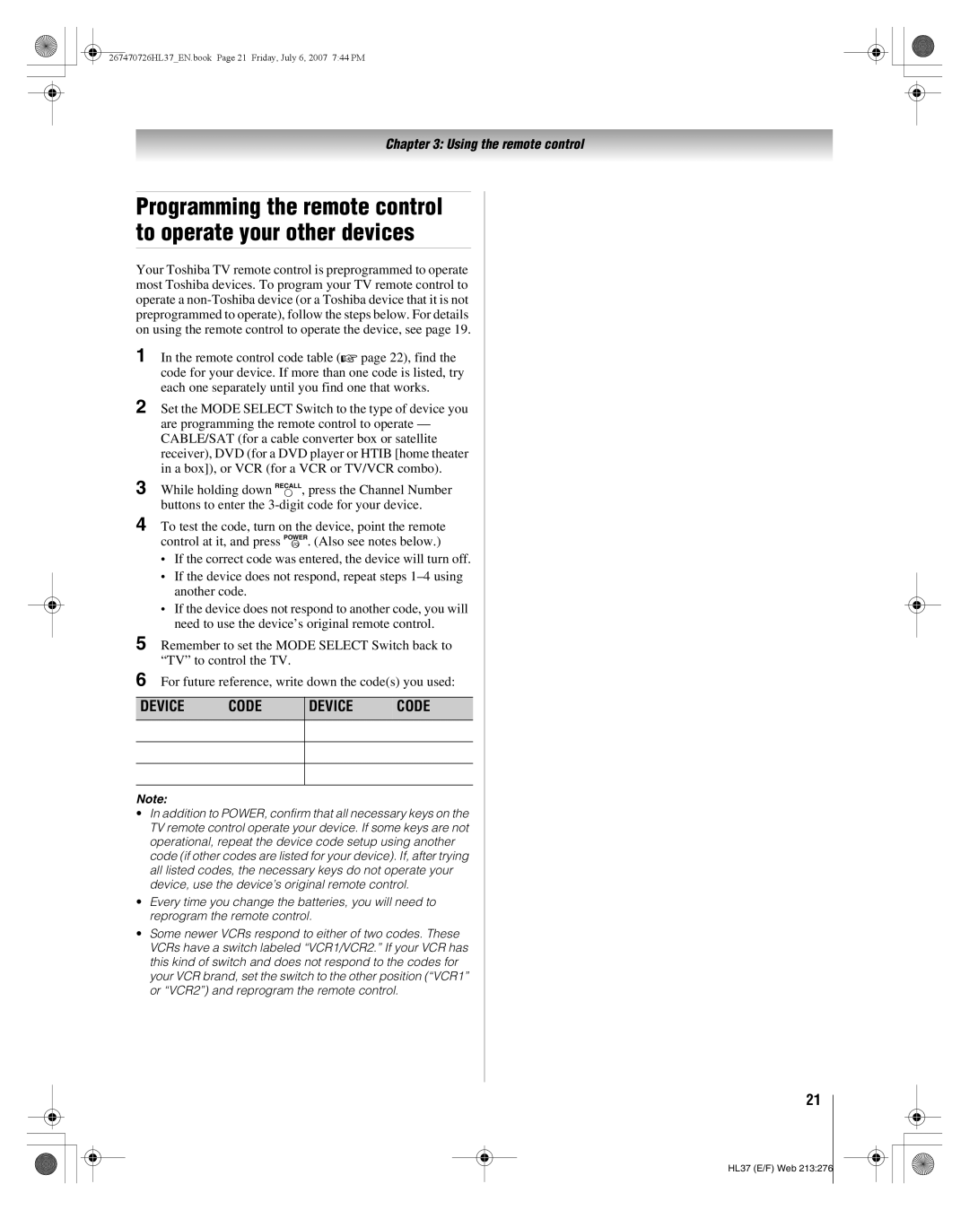 Toshiba 26HL37 manual Programming the remote control to operate your other devices 