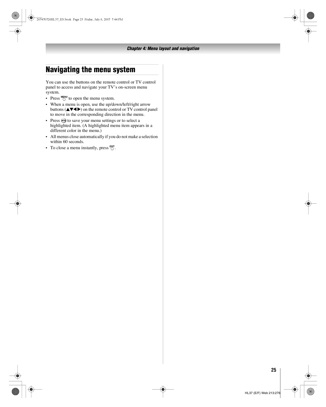 Toshiba 26HL37 manual Navigating the menu system 