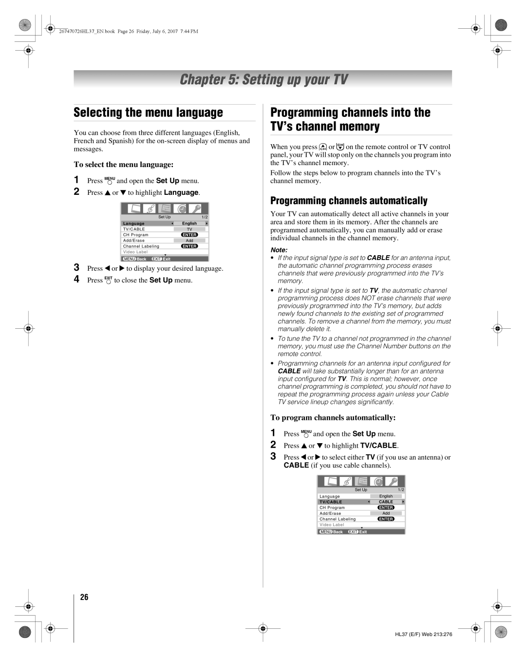 Toshiba 26HL37 manual Setting up your TV, Selecting the menu language, Programming channels automatically 