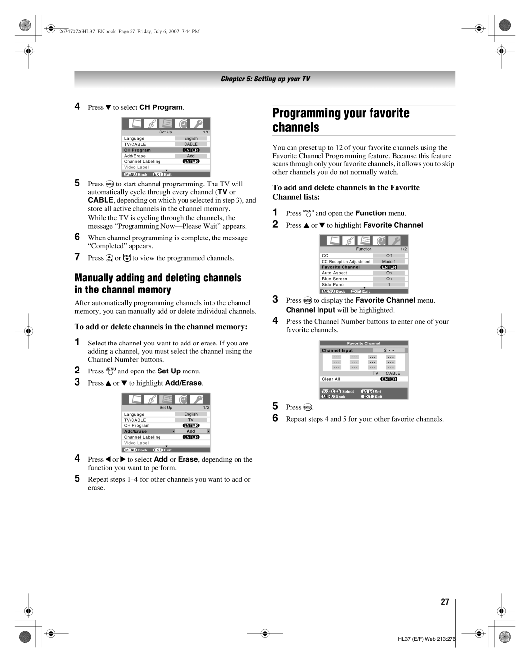 Toshiba 26HL37 manual Programming your favorite channels, Manually adding and deleting channels in the channel memory 