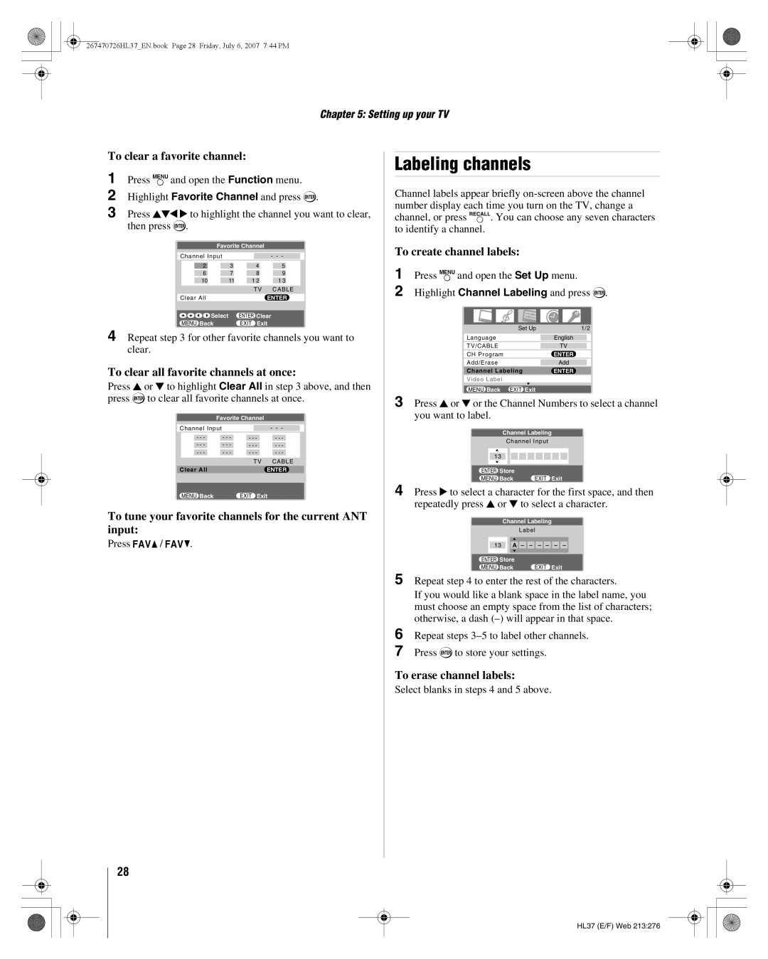 Toshiba 26HL37 manual Labeling channels 