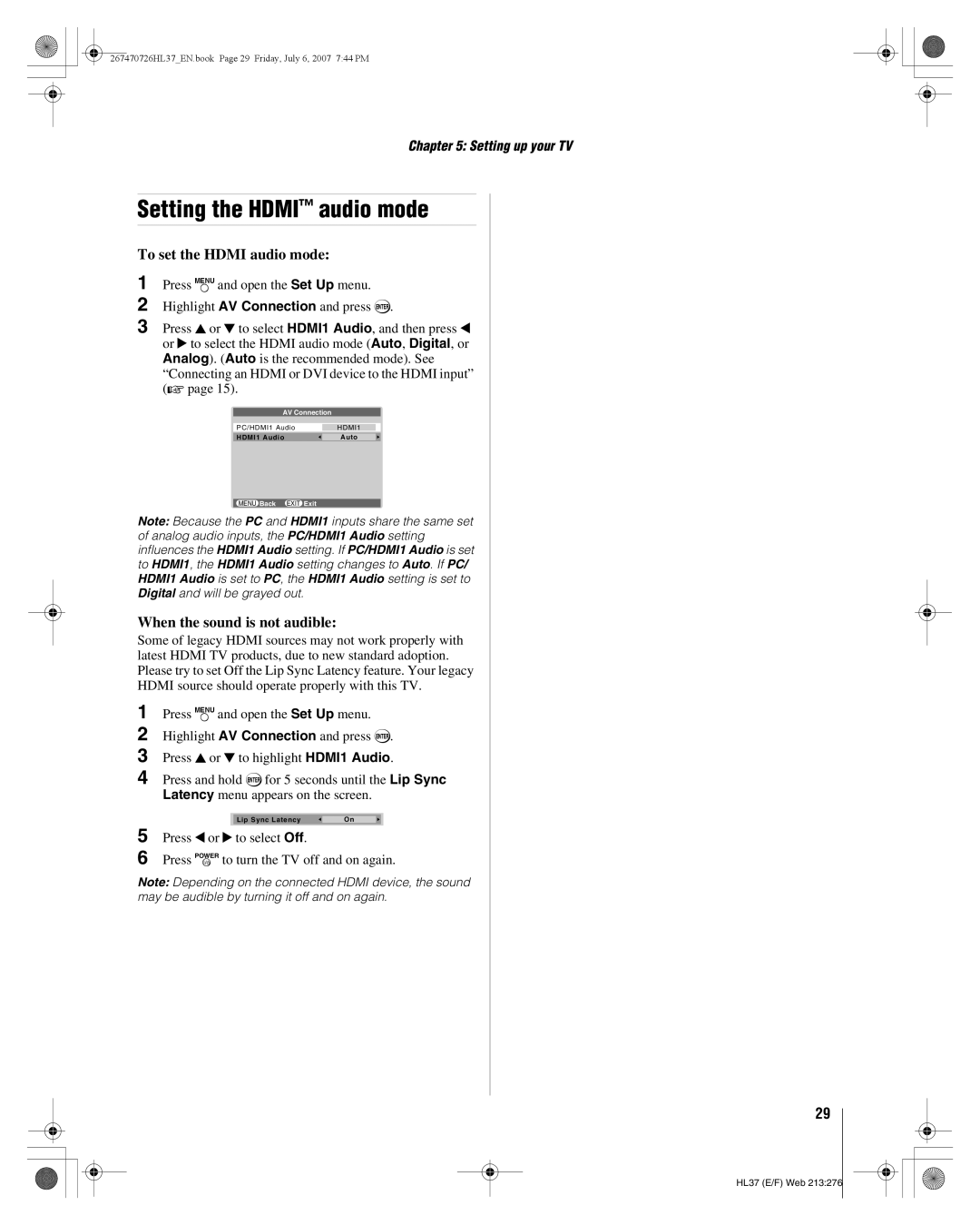 Toshiba 26HL37 manual Setting the Hdmi audio mode, To set the Hdmi audio mode, When the sound is not audible 