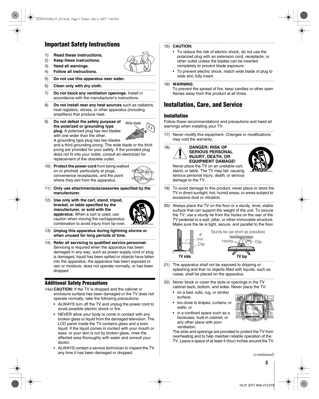 Toshiba 26HL37 manual Important Safety Instructions, Installation, Care, and Service, Additional Safety Precautions 