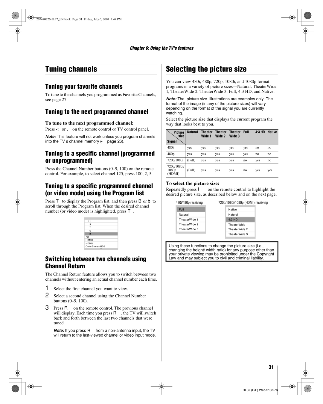 Toshiba 26HL37 manual Tuning channels, Selecting the picture size, Tuning your favorite channels 